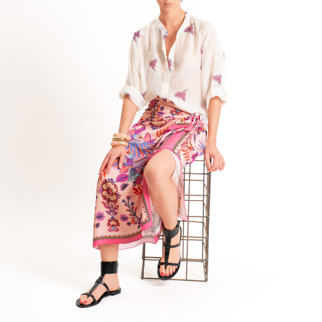 Haveone-Camicia mussola di lyocell fantasia pappagalli - burro/fucsia