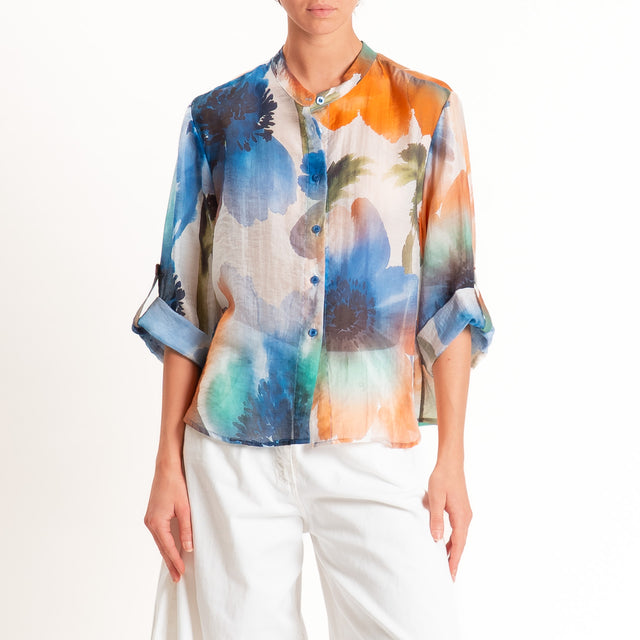 Haveone-Camicia fantasia mussola di lyocell - turchese/burro/arancio