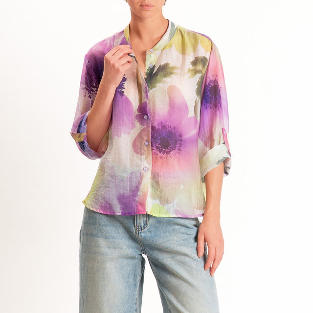 Haveone-Camicia fantasia mussola di lyocell - viola/verde/lime