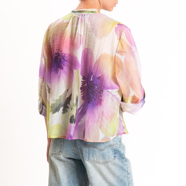 Haveone-Camicia fantasia mussola di lyocell - viola/verde/lime
