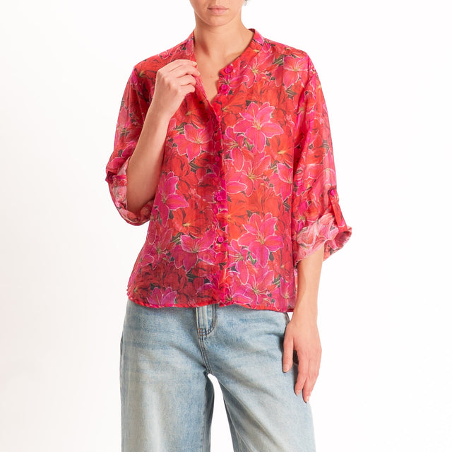 Haveone-Camicia mussola di lyocell fantasia fiori - rosso/moro/fucsia