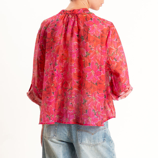 Haveone-Camicia mussola di lyocell fantasia fiori - rosso/moro/fucsia