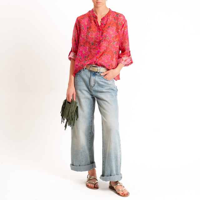 Haveone-Camicia mussola di lyocell fantasia fiori - rosso/moro/fucsia