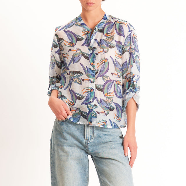 Haveone-Camicia mussola fantasia tucani - burro/blu/acqua