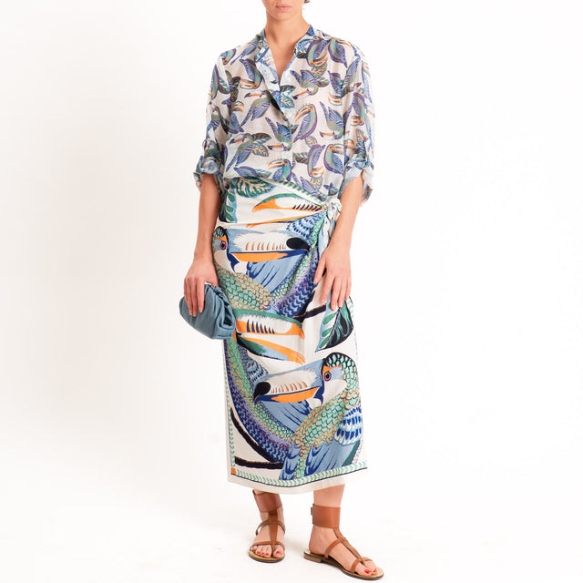 Haveone-Camicia mussola fantasia tucani - burro/blu/acqua