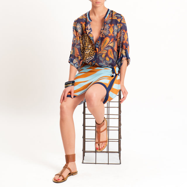 Haveone-Camicia mussola fantasia tigre - blu/arancio/cuoio