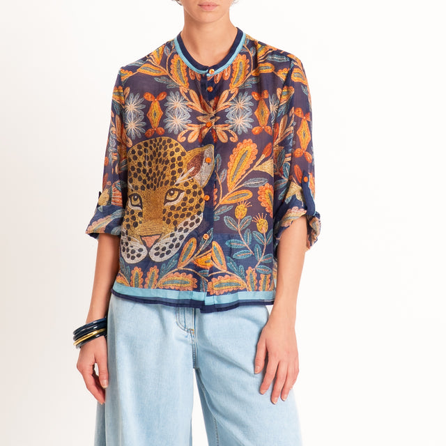 Haveone-Camicia mussola fantasia tigre - blu/arancio/cuoio