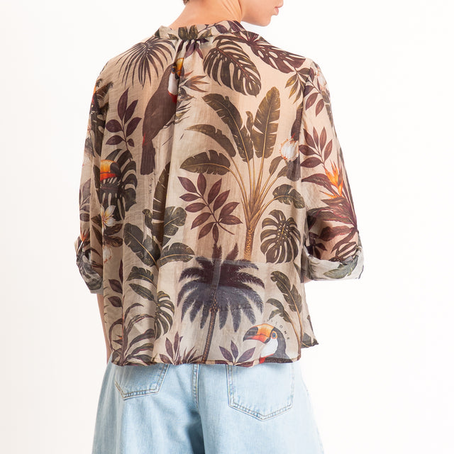 Haveone-Camicia mussola fantasia tucani - militare/taupe/vino