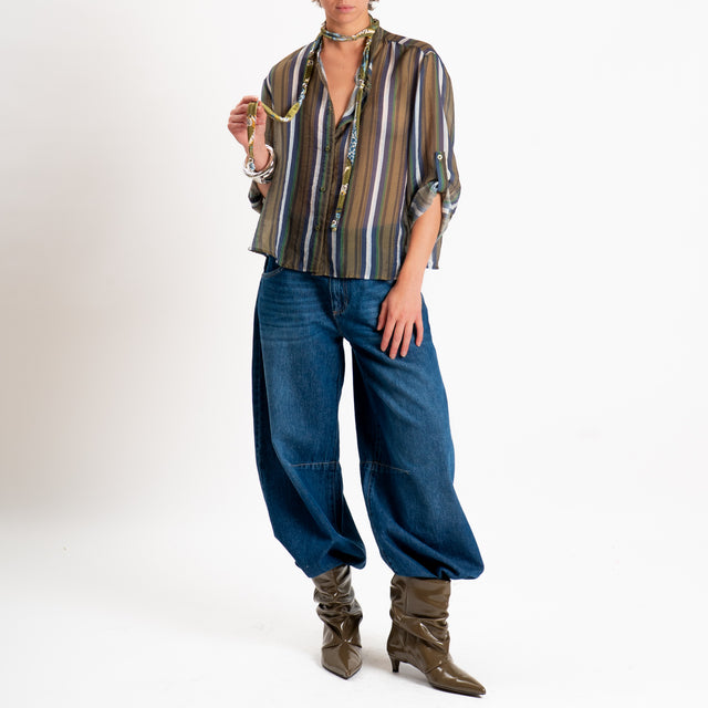 Haveone-Camicia a righe in mussola con collana - militare/oliva/blu