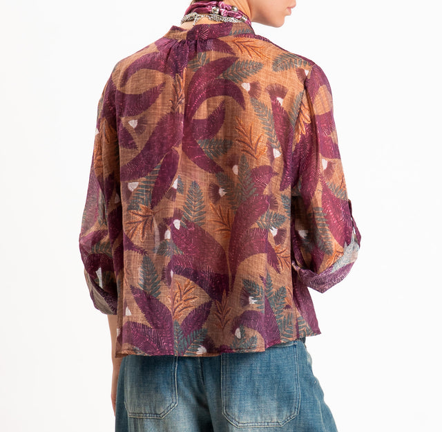 Haveone-Camicia mussola fantasia foglie con collana - noce/ciclamino/verde