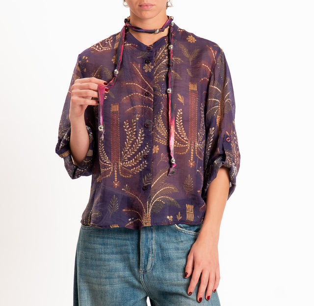 Haveone-Camicia mussola fantasia palme con collana - viola/militare/vino