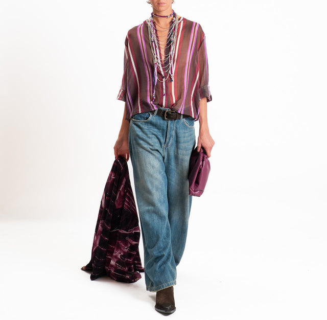 Haveone-Camicia mussola a righe con collana - moro/bordeaux
