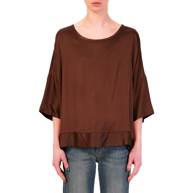 Haveone-Blusa in satin con spacchi laterali - choco