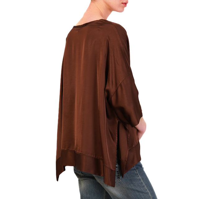 Haveone-Blusa in satin con spacchi laterali - choco