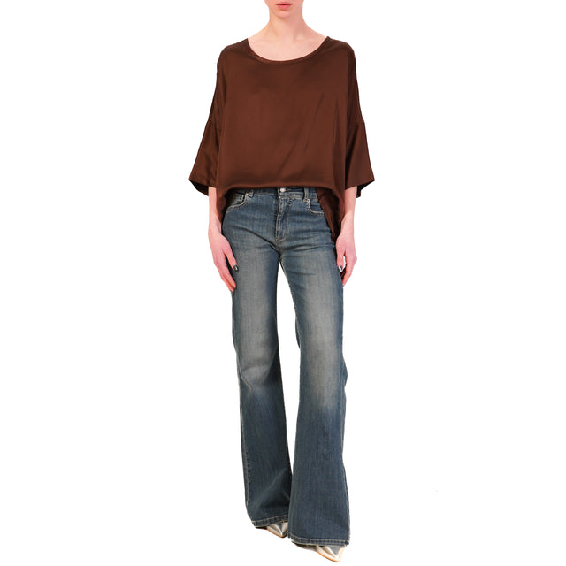 Haveone-Blusa in satin con spacchi laterali - choco