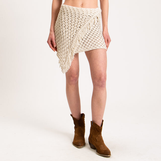 Haveone-Pareo in maglia crochet con frange - burro