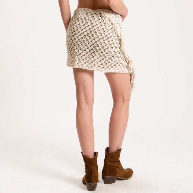 Haveone-Pareo in maglia crochet con frange - burro