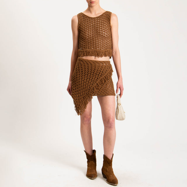 Haveone-Pareo in maglia crochet con frange - moka