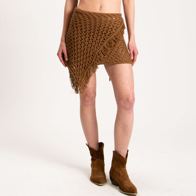 Haveone-Pareo in maglia crochet con frange - moka