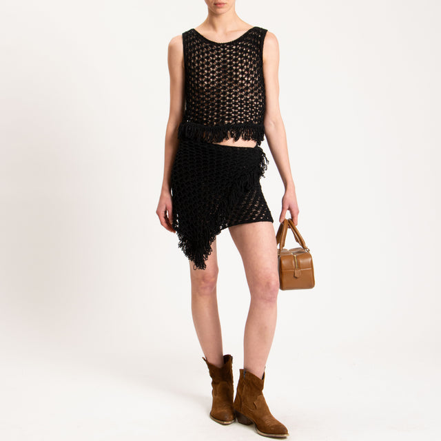 Haveone-Pareo in maglia crochet con frange - nero