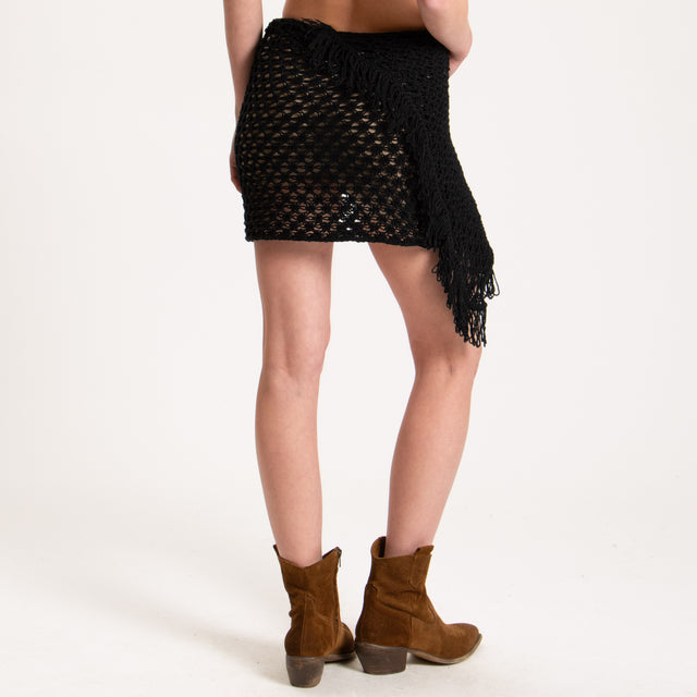 Haveone-Pareo in maglia crochet con frange - nero