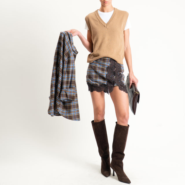 Haveone-Minigonna check in flanella con pizzo - moro/celeste