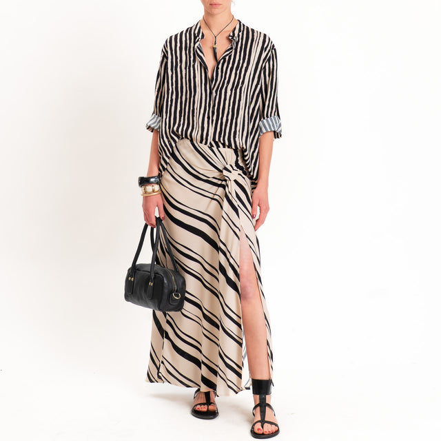 Haveone-Camicia fantasia righe collo coreana - sand/nero