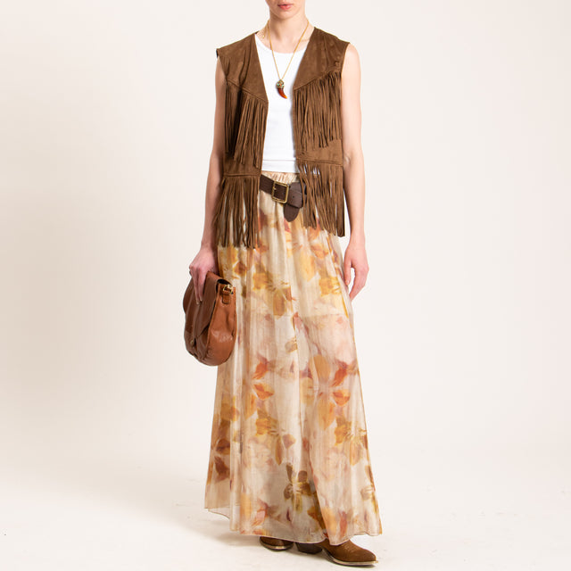 Haveone-Gonna mussola fantasia elastico in vita - beige/ocra/india