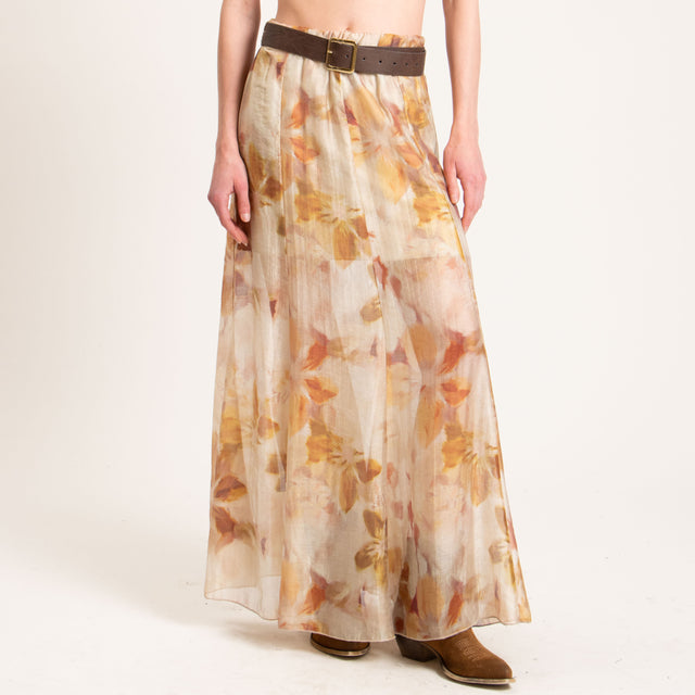 Haveone-Gonna mussola fantasia elastico in vita - beige/ocra/india