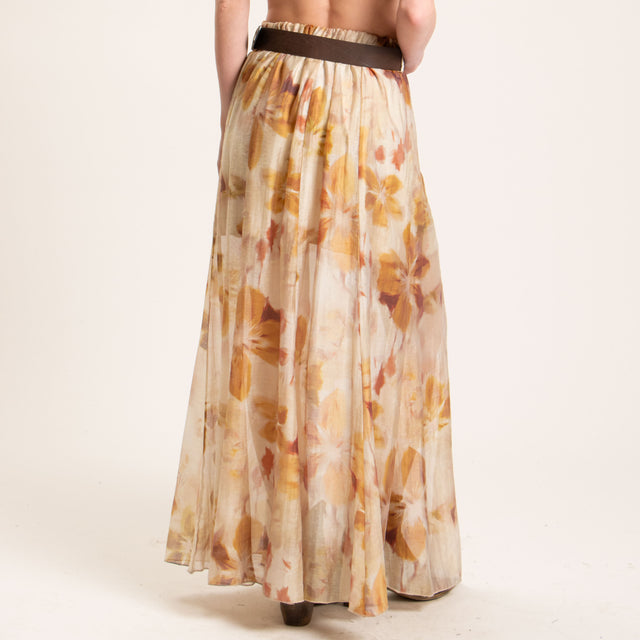 Haveone-Gonna mussola fantasia elastico in vita - beige/ocra/india