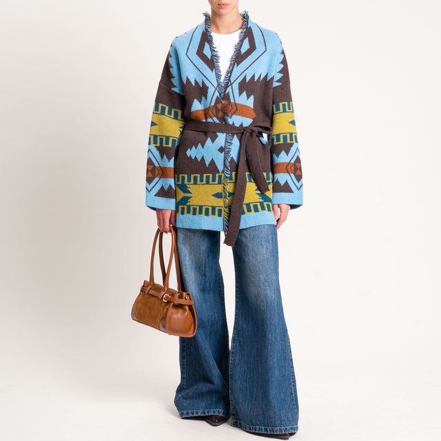 Haveone-Cardigan jaquard con frange - azzurro/moro/ottanio