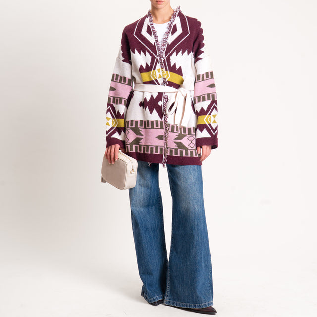 Haveone-Cardigan jaquard con frange - vino/burro/rosa