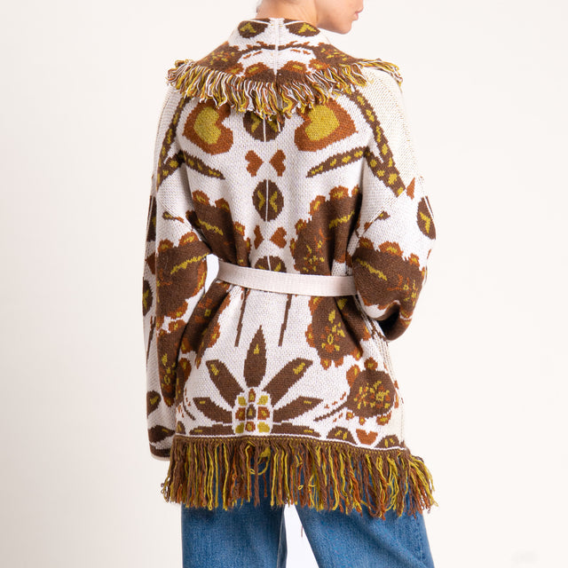 Haveone-Cardigan misto alpaca fantasia foglie - latte/moro/olio