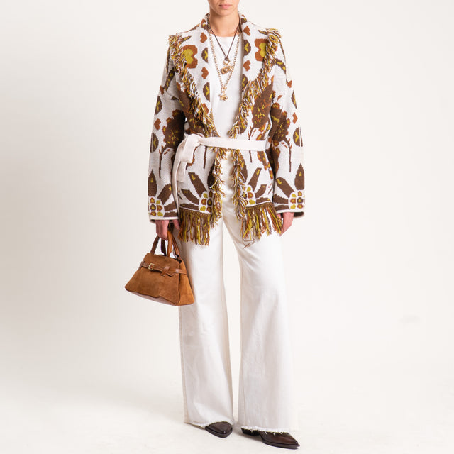 Haveone-Cardigan misto alpaca fantasia foglie - latte/moro/olio