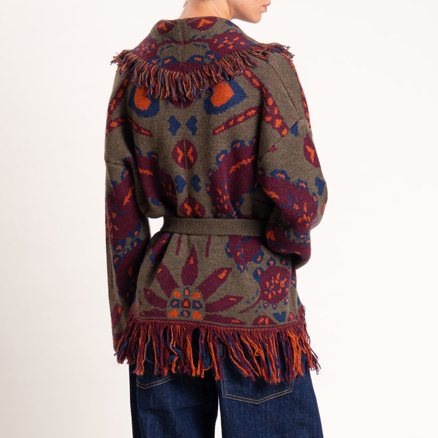 Haveone-Cardigan misto alpaca fantasia foglie - militare/vino/blu