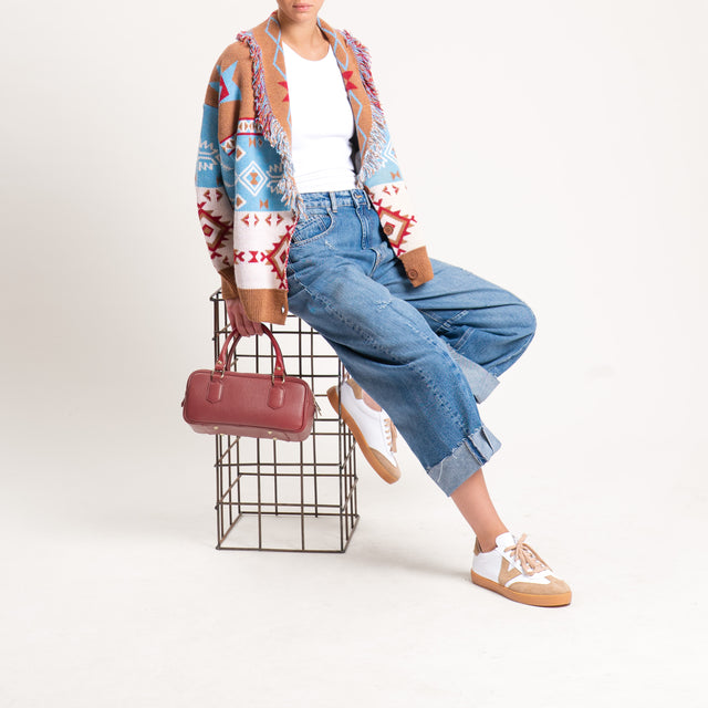 Haveone-Cardigan misto alpaca fantasia etnica - cuoio/rosso/azzurro