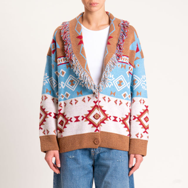Haveone-Cardigan misto alpaca fantasia etnica - cuoio/rosso/azzurro