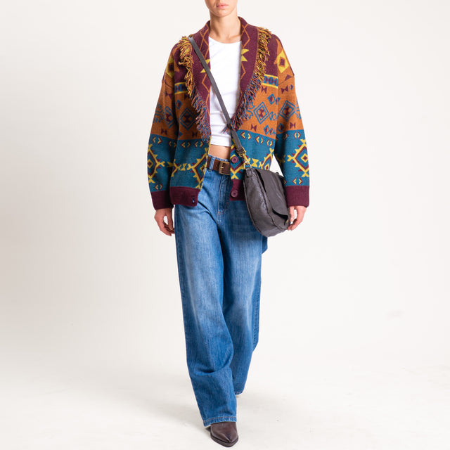 Haveone-Cardigan misto alpaca fantasia etnica - vino/pertrolio/olio