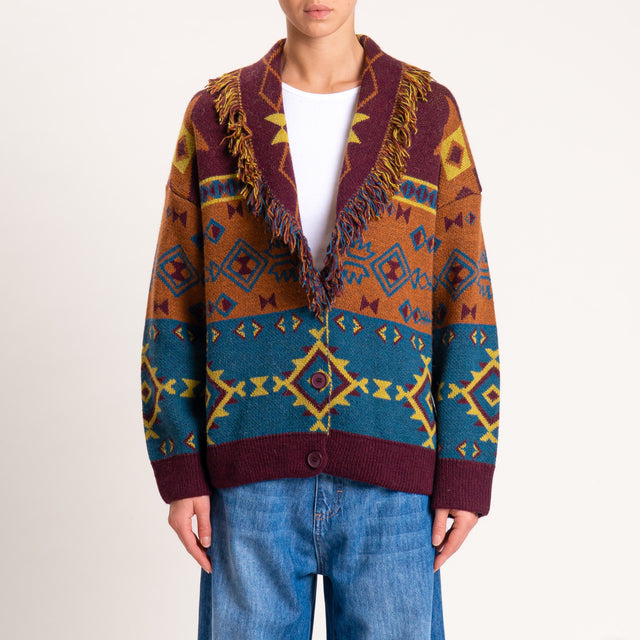 Haveone-Cardigan misto alpaca fantasia etnica - vino/pertrolio/olio