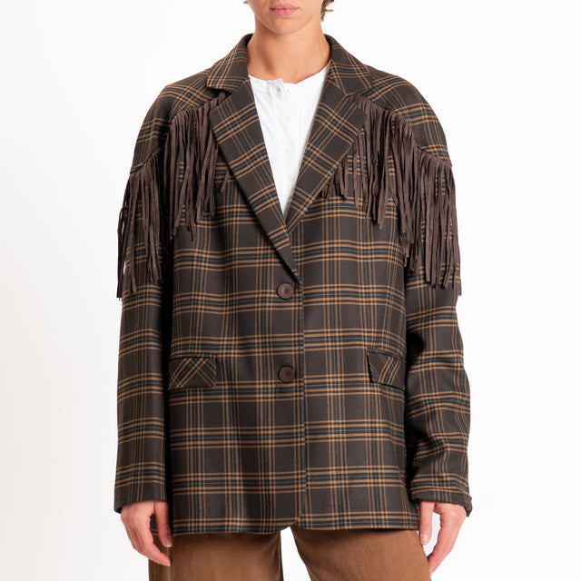 Haveone-Giacca check con frange oversize - moro/cuoio/nero