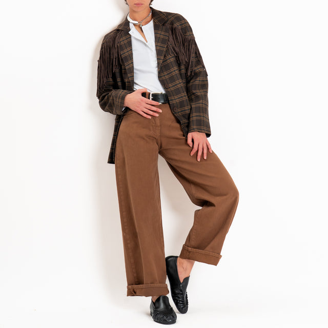 Haveone-Giacca check con frange oversize - moro/cuoio/nero