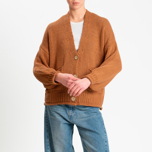 Haveone-Cardigan bottoni con tasche - tabacco