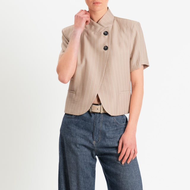 Haveone-Giacca gessata asimmetrica mezza manica - beige