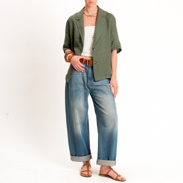 Haveone-Giacca mezza manica 100% lino - militare