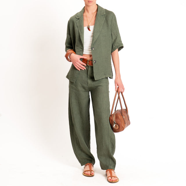 Haveone-Giacca mezza manica 100% lino - militare