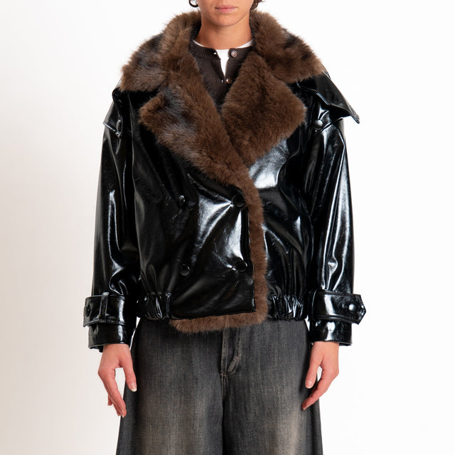Haveone-Giacca similpelle collo ecopelliccia - nero