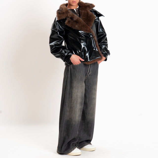 Haveone-Giacca similpelle collo ecopelliccia - nero
