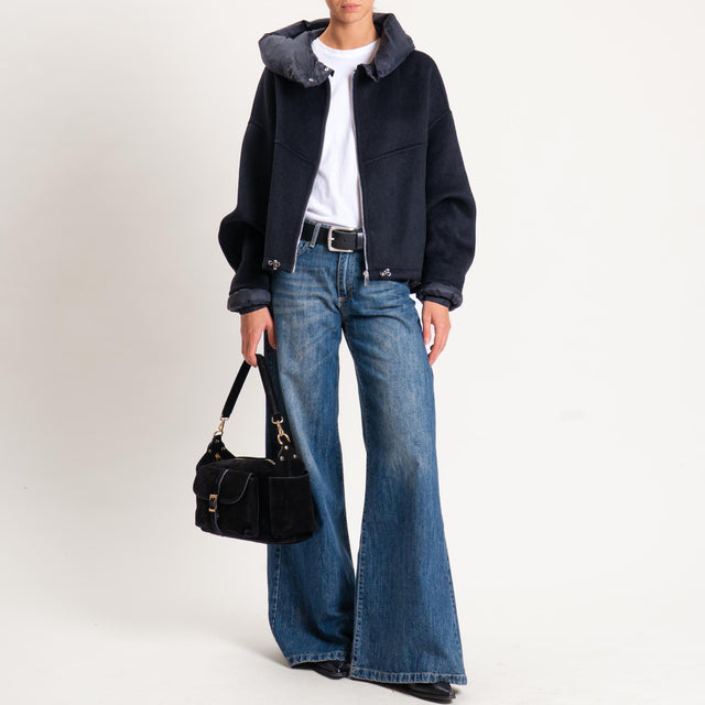 Haveone-Bomber velour con cappuccio e maniche rimo - nero