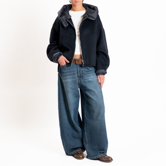 Haveone-Bomber velour con cappuccio e maniche rimo - blu