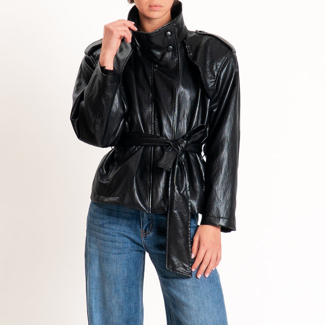 Haveone-Giacca similpelle con cintura - nero
